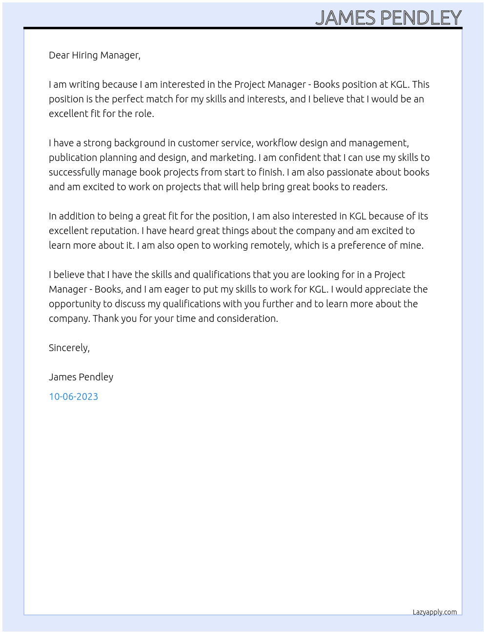 Project Manager - Books At KGL Cover Letter