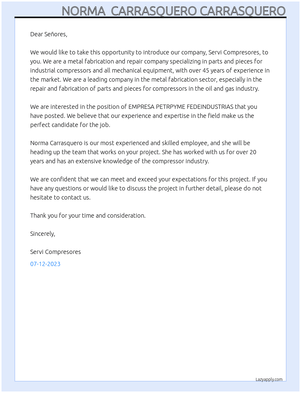 EMPRESA PETRPYME FEDEINDUSTRIAS At Servi Compresores Cover Letter