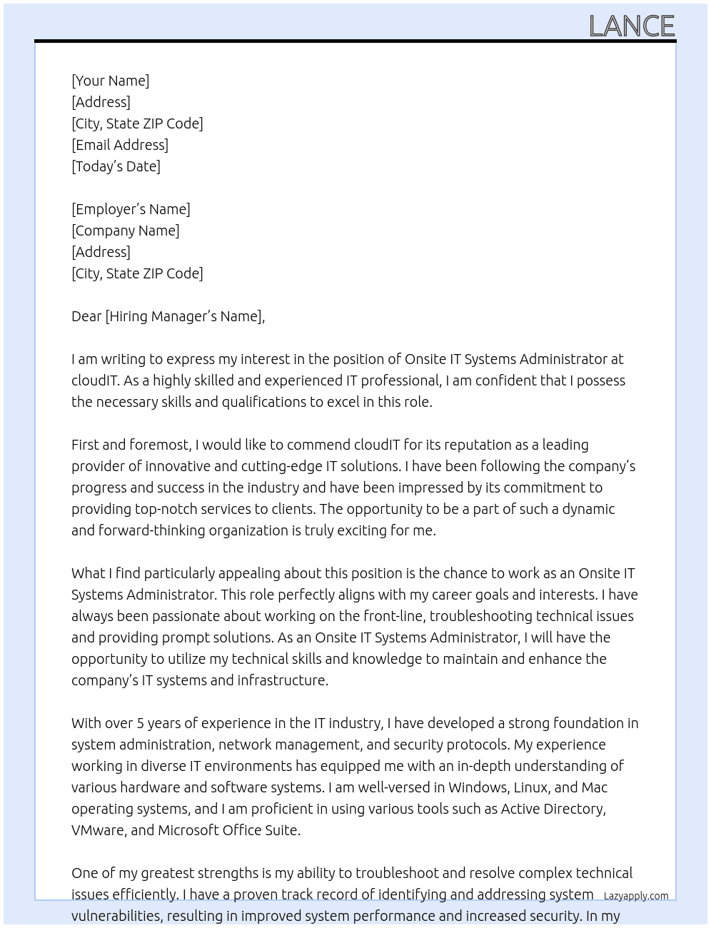 Onsite IT Systems Administrator At cloudIT Cover Letter