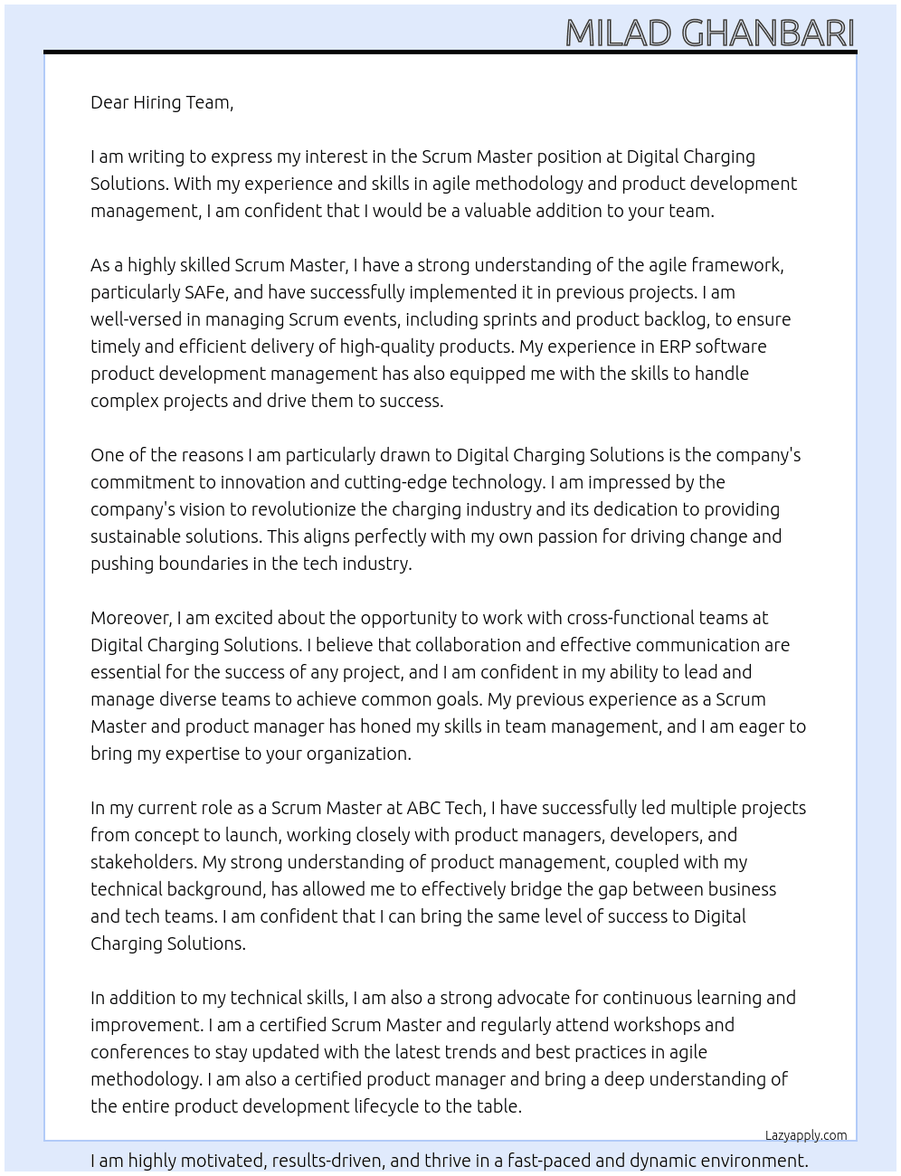 Scrum Master At  Digital Charging Solutions Cover Letter