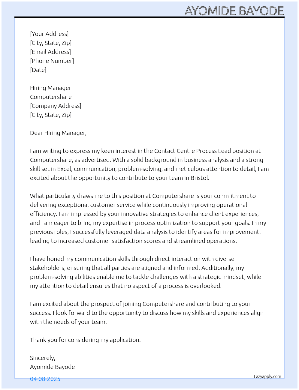 Contact Centre Process Lead At Computershare Cover Letter