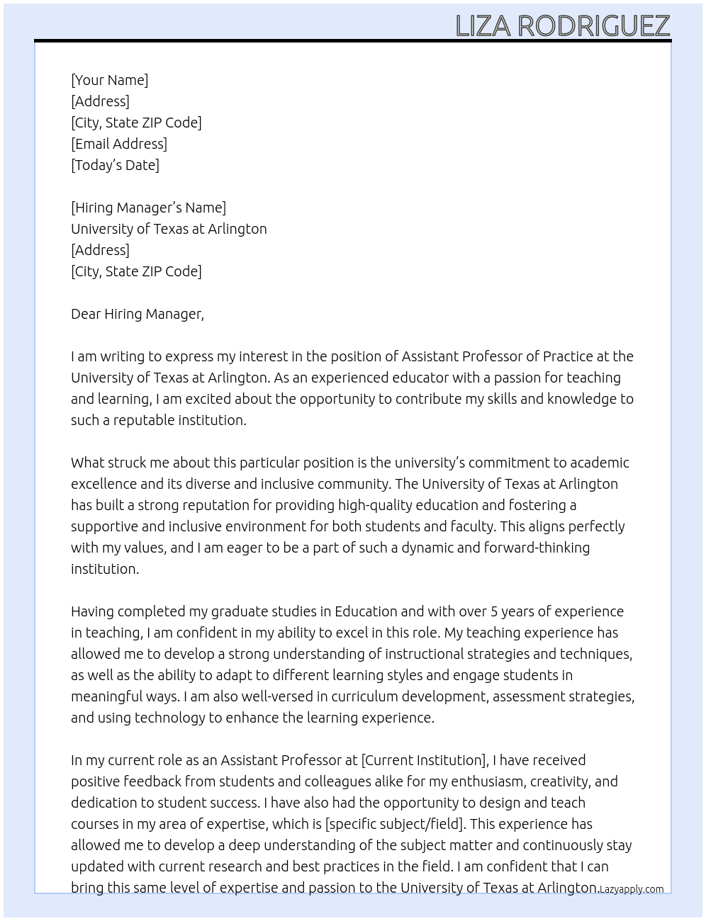 Assistant Professor of Practice At University of Texas at Arlington Cover Letter
