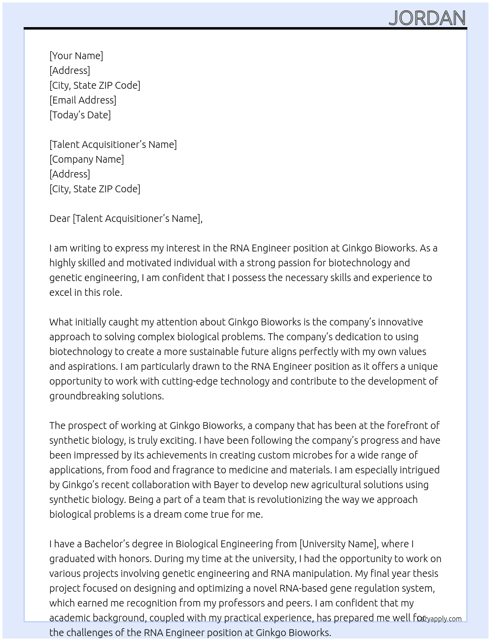 RNA Engineer At Ginkgo Bioworks Cover Letter