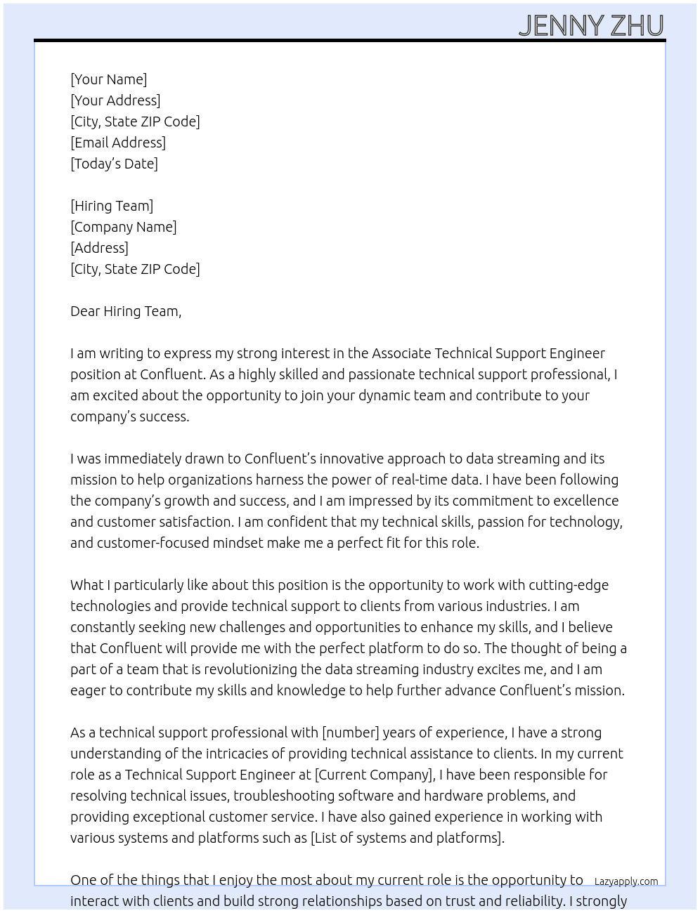 Associate Technical support engineer At Confluent Cover Letter
