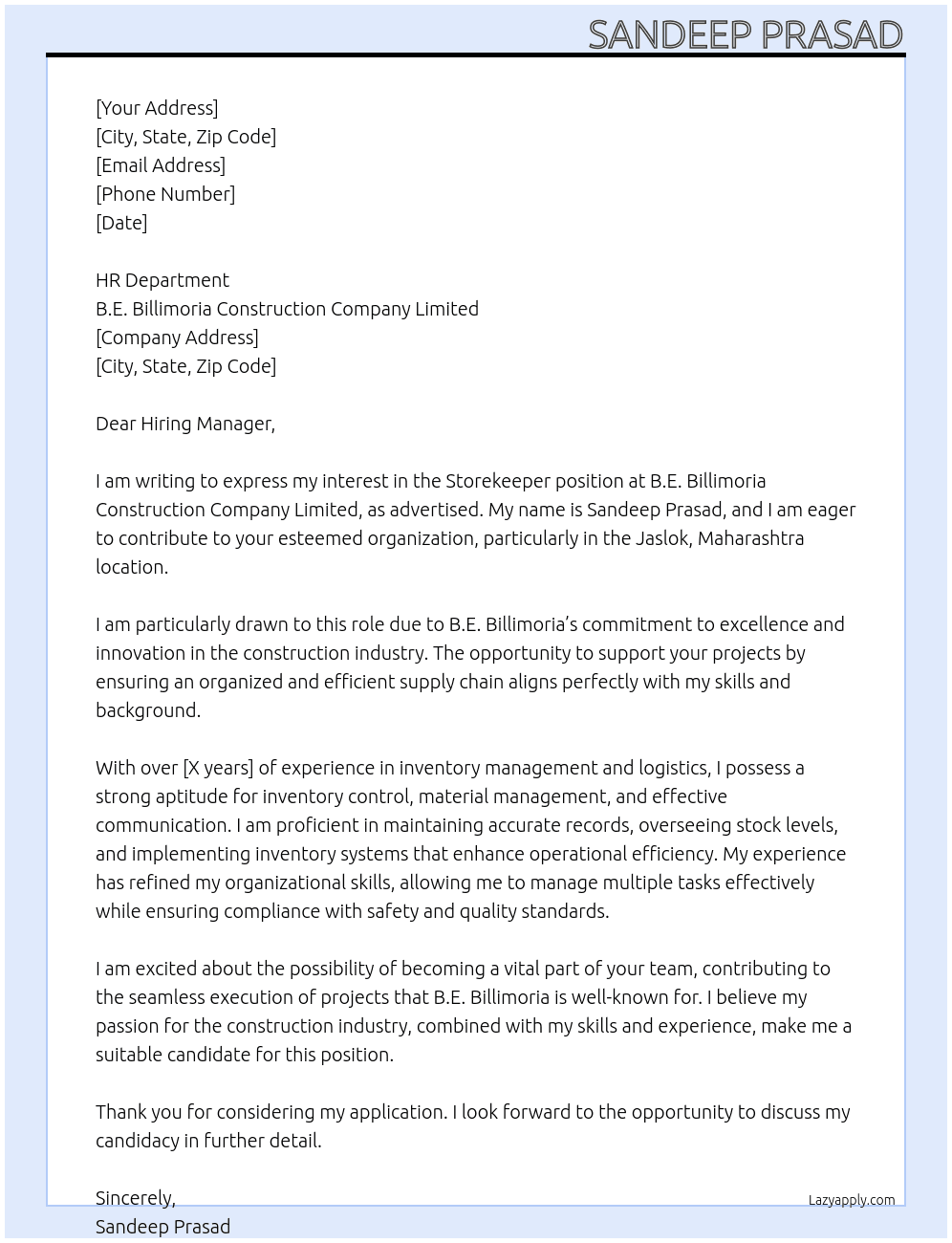 Store keepar At B.E. Billimoria construction company limited  Cover Letter
