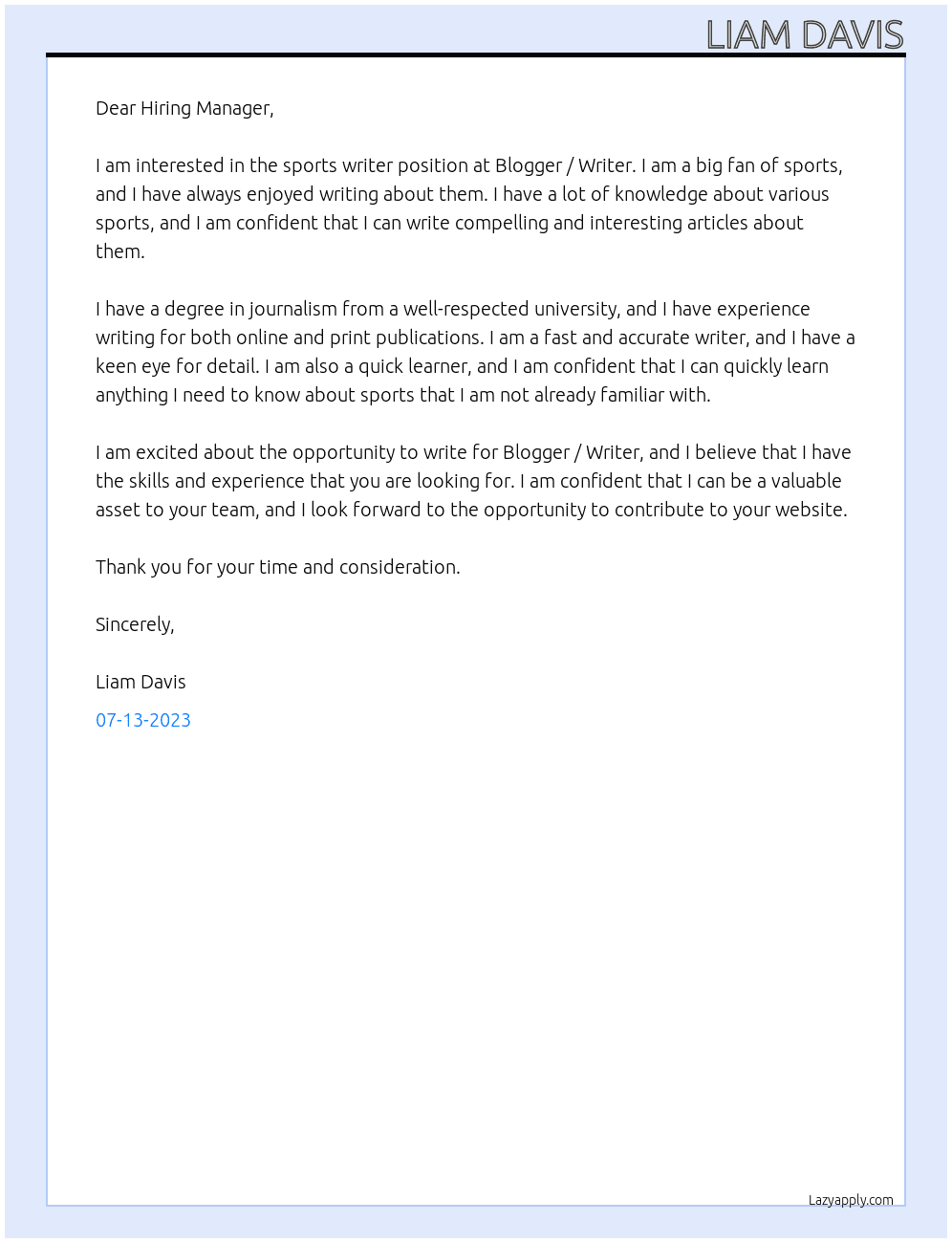 Sports writer At Blogger / Writer Cover Letter