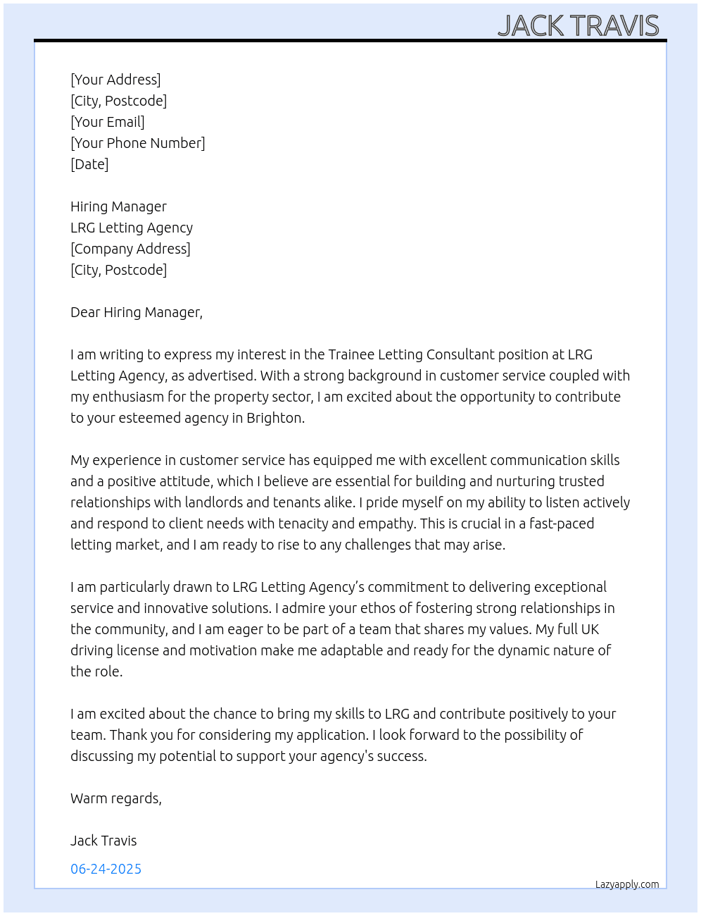 Letting Agent  At LRG letting agency  Cover Letter
