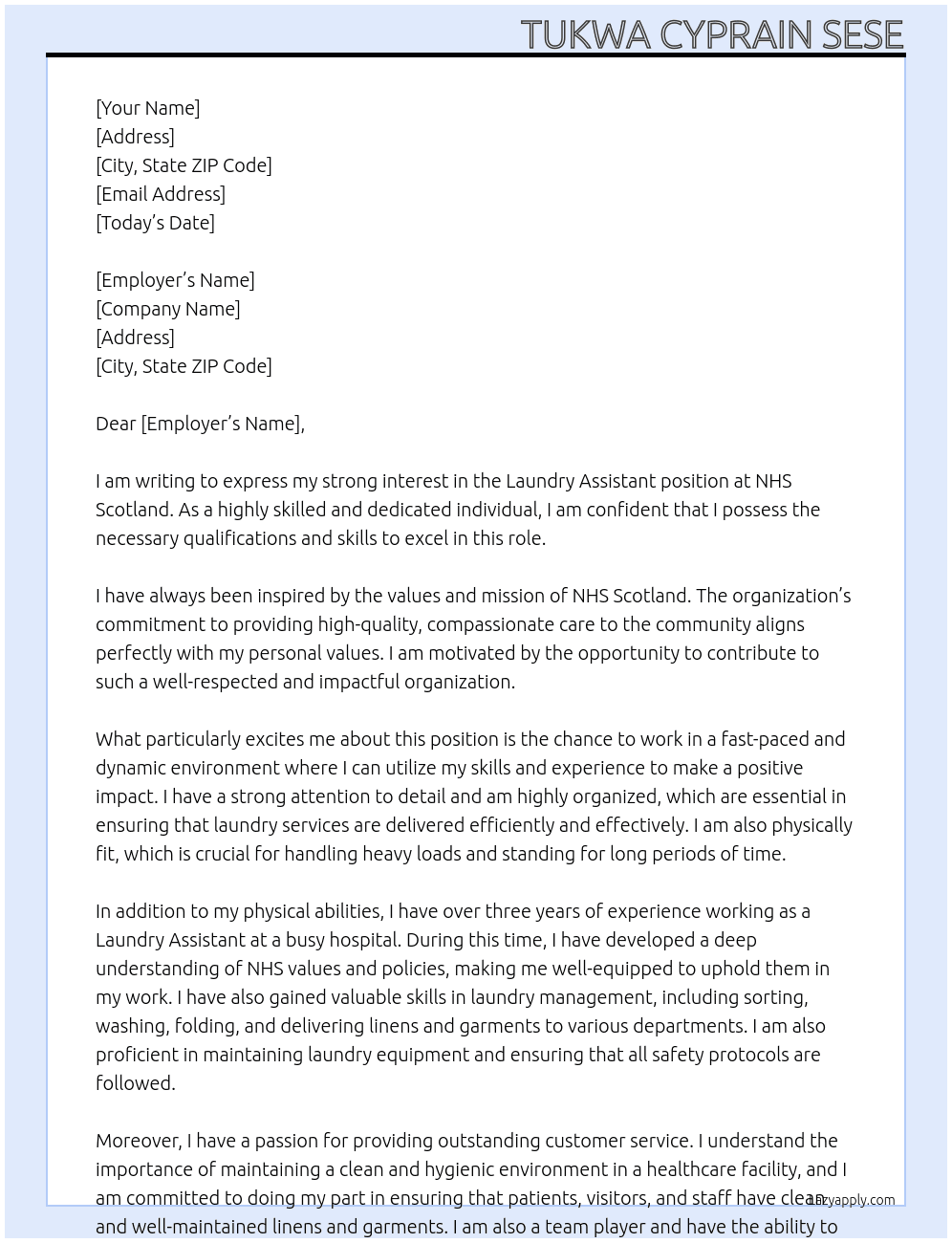 laundry assistant At NHS Scortlant Cover Letter