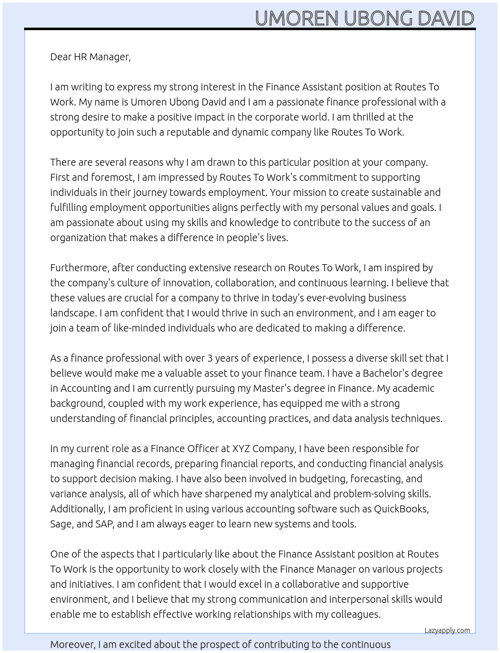 Finance Assistant At Routes To Work Cover Letter