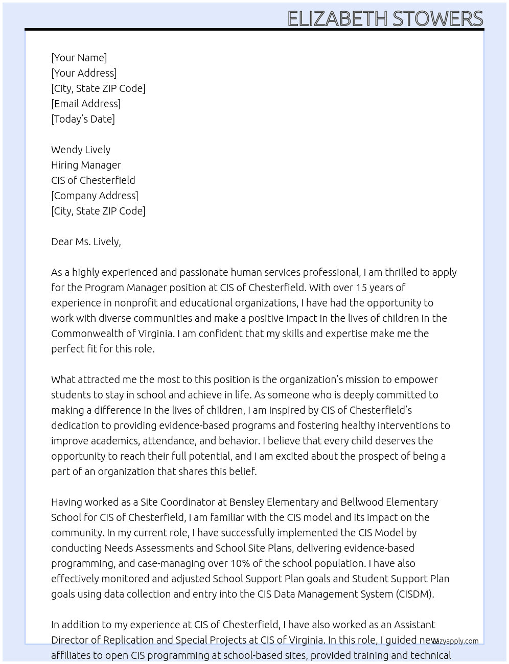 Program Manager At CIS of Chesterfield Cover Letter