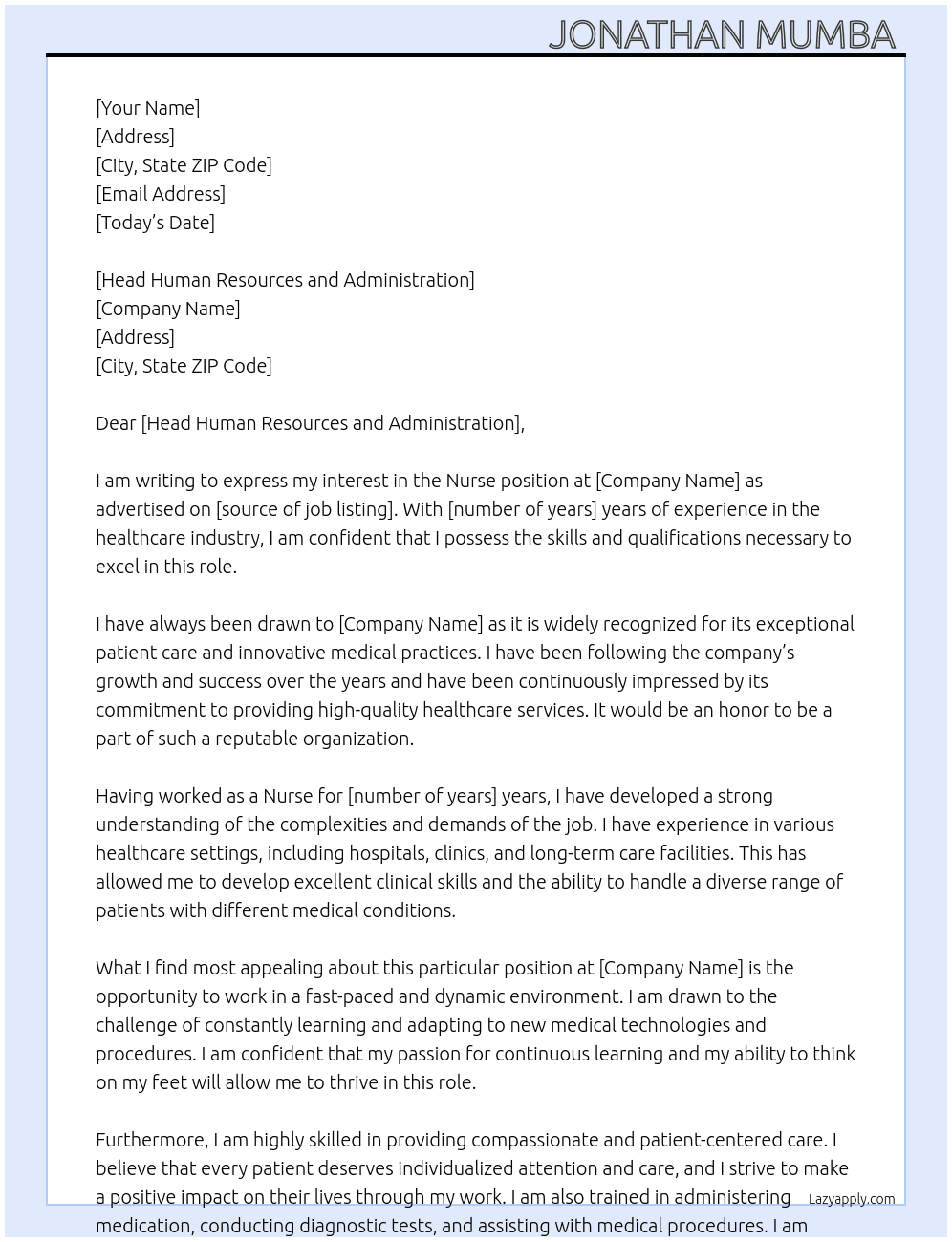 Nurse  At Head Human Resources and Administration Cover Letter