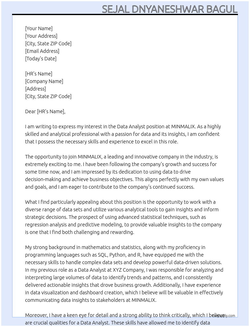 Data Analyst At MINMALIX Cover Letter