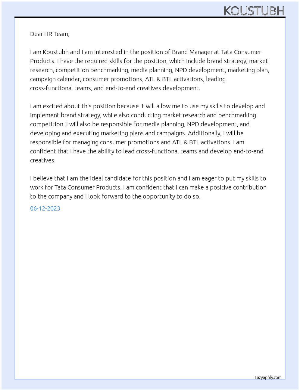Brand Manager At Tata Consumer Products Cover Letter