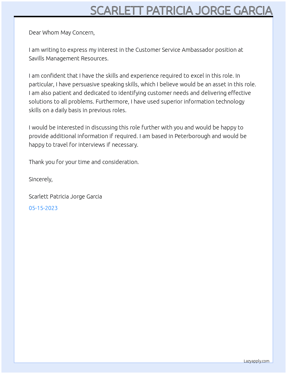 Customer Service Embassador At Savills Management Resources Cover Letter