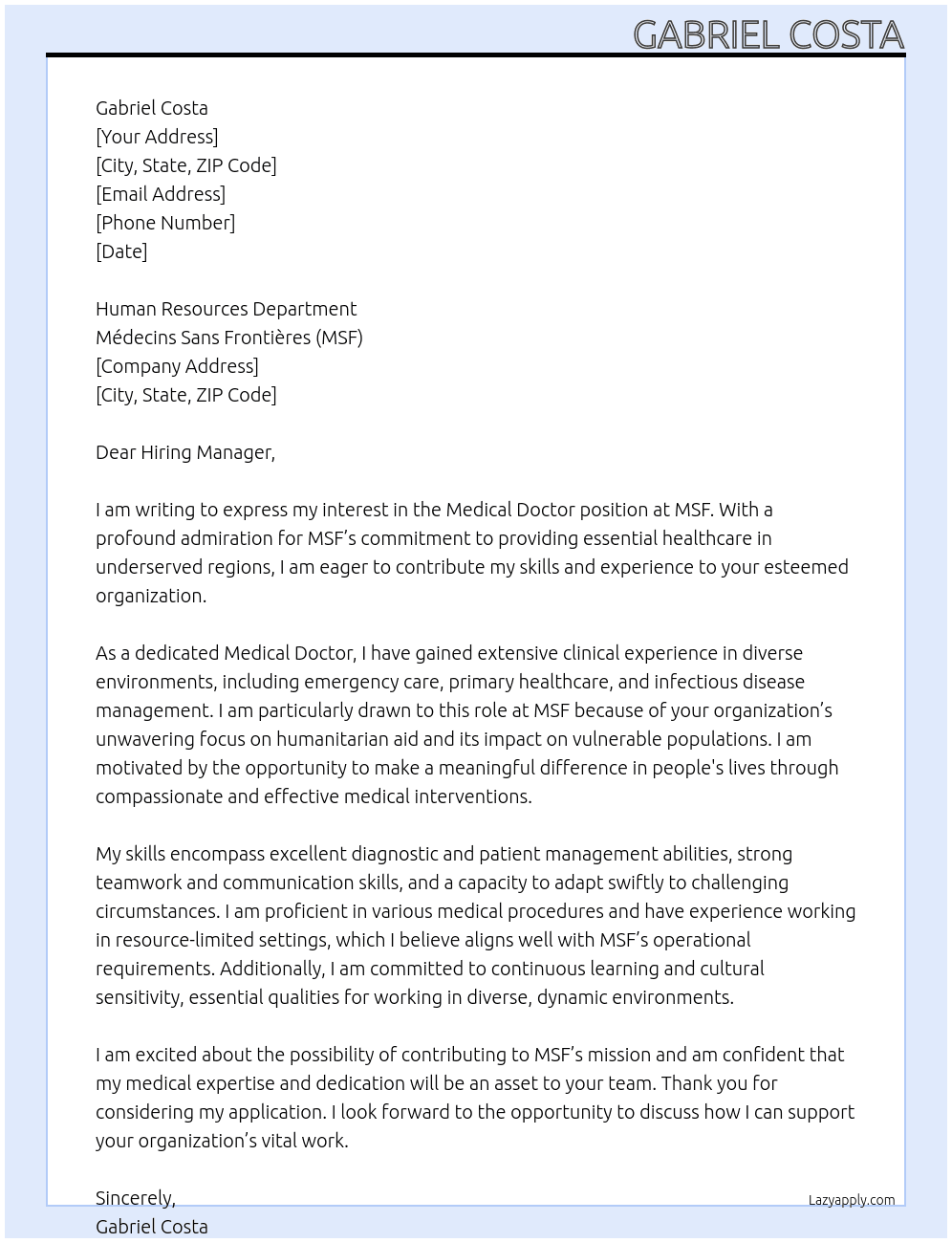 Cover letter for medical doctor - LazyApply