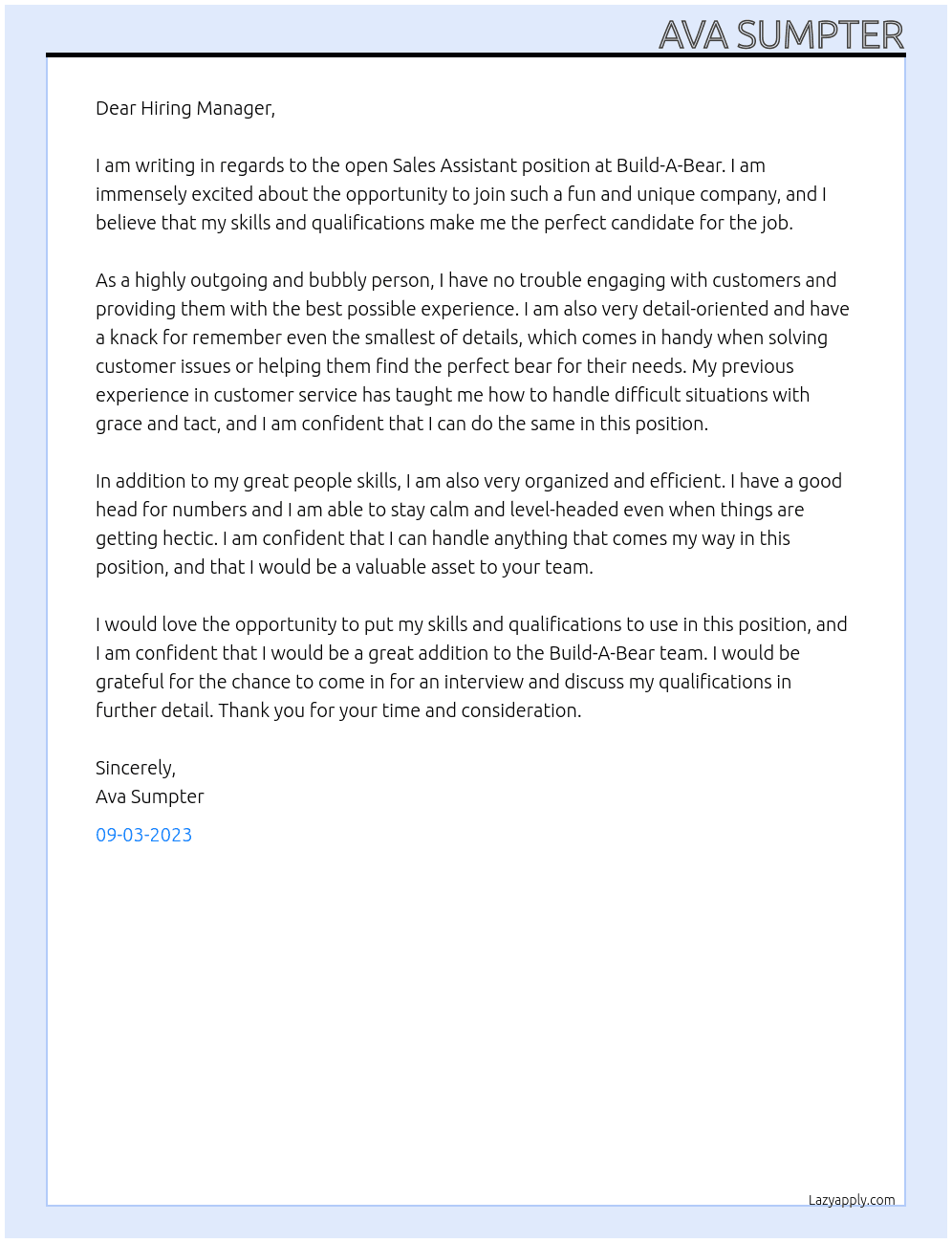 build a bear sales assistant At build a bear Cover Letter