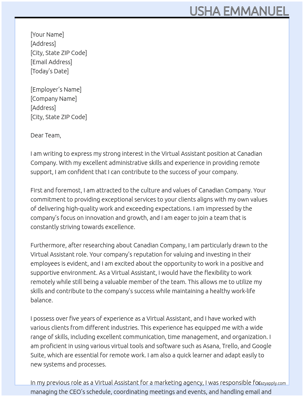 Virtual assistant  At Canadian Company Cover Letter