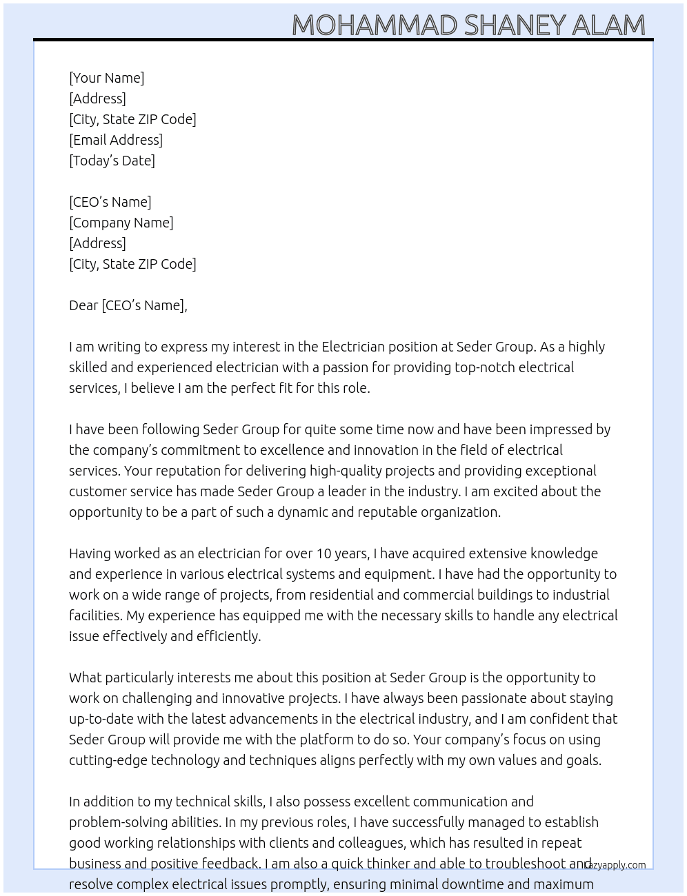 Electrician  At Seder group  Cover Letter