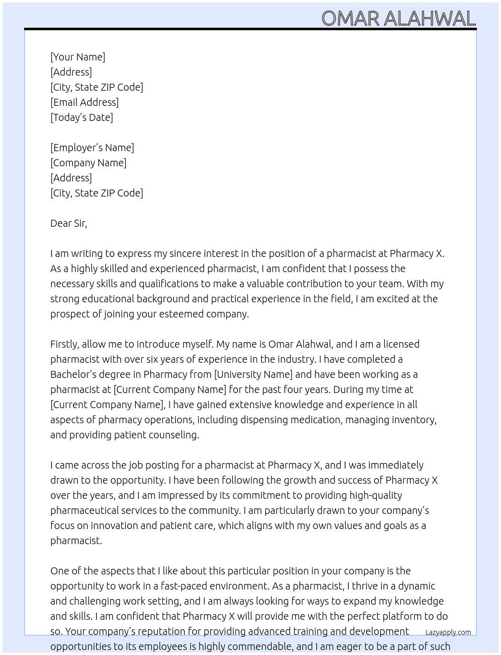 pharmacist At pharmacy X Cover Letter