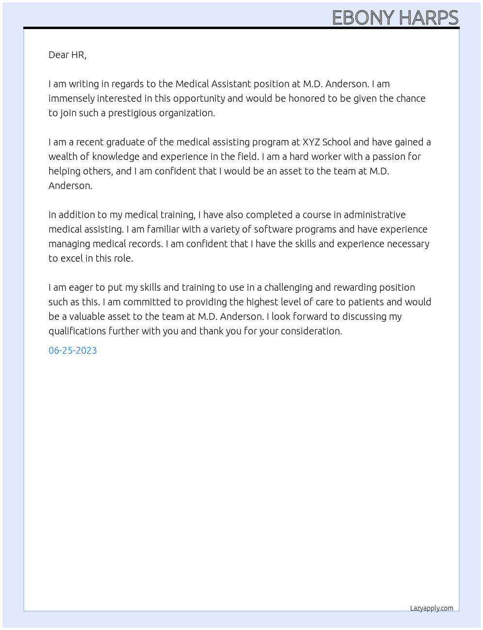Medical Assistant At M.D. Anderson Cover Letter