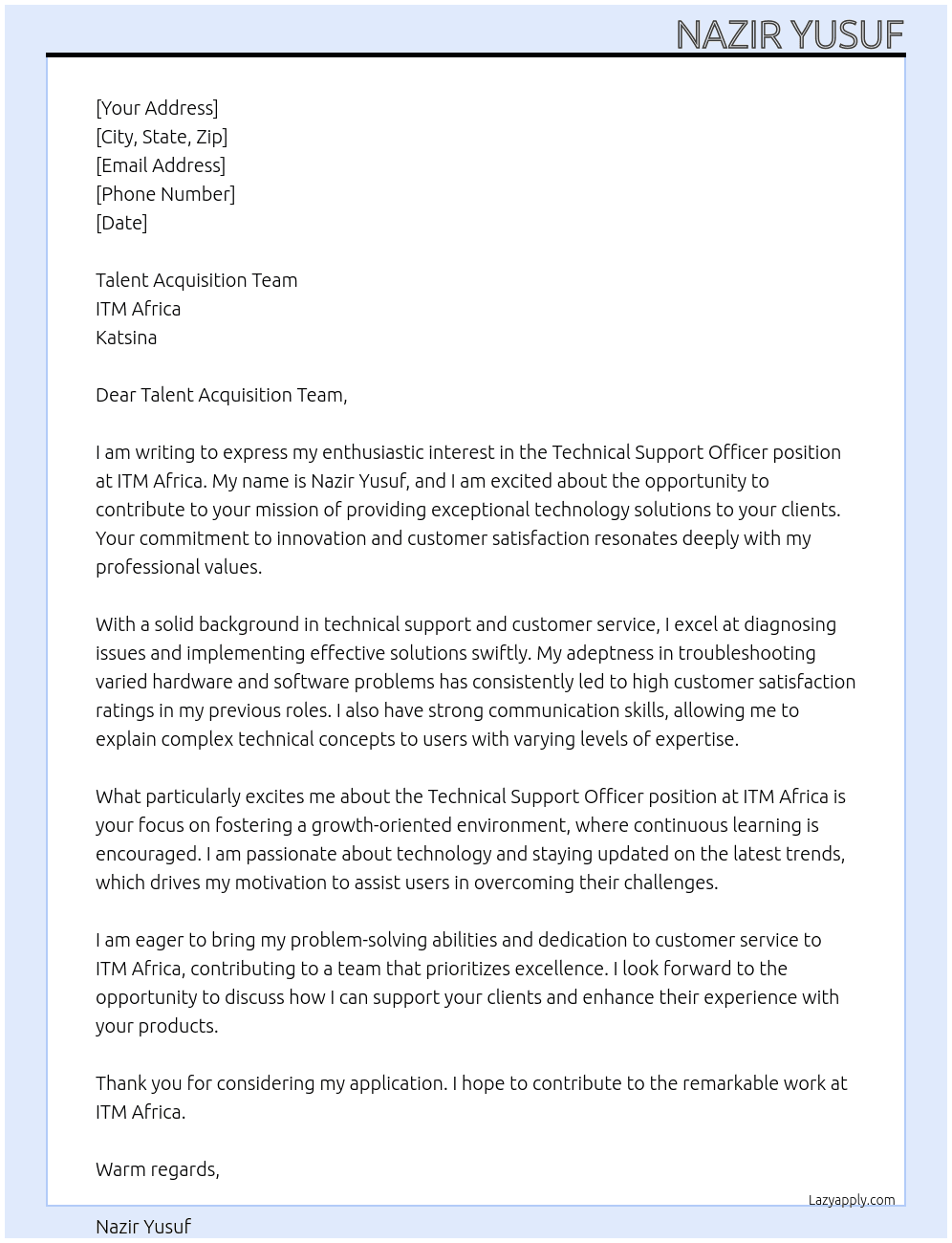 Technical Support Officer At ITM Africa, Katsina Cover Letter