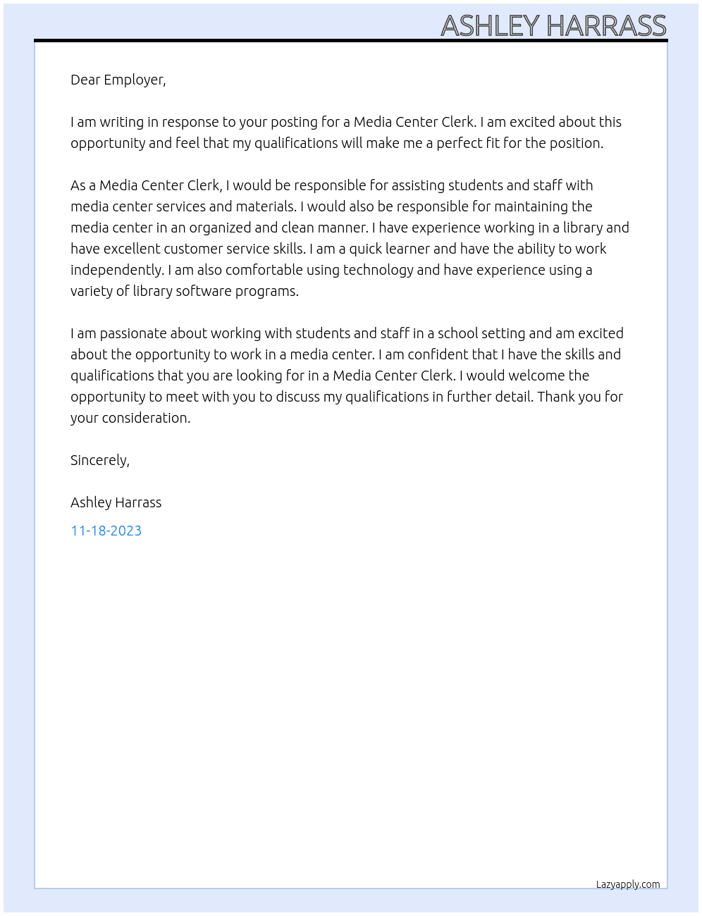 Media Center Clerk At Palm Beach County Schools Cover Letter