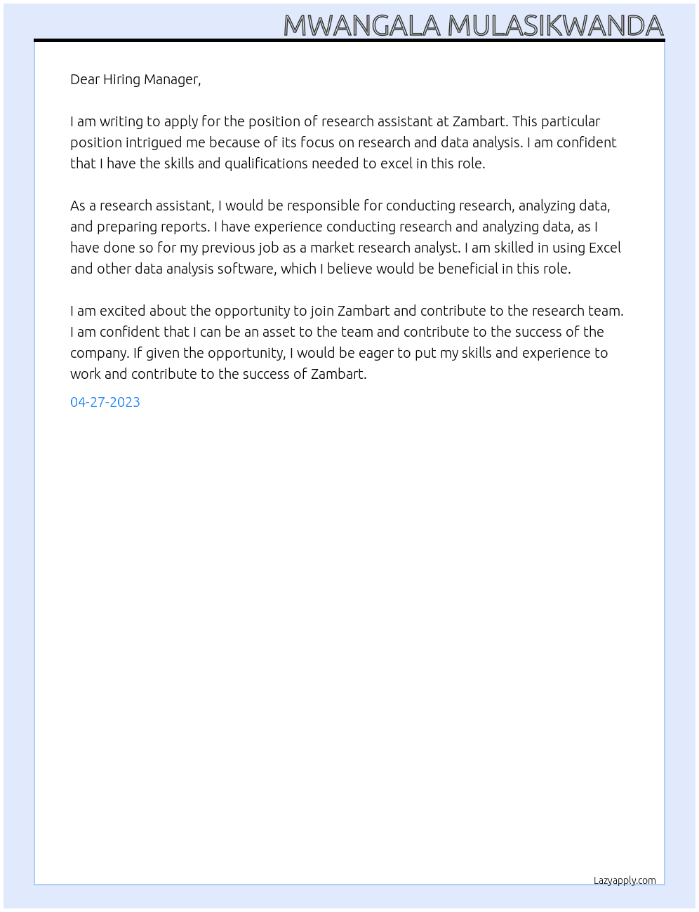 research assistant At Zambart Cover Letter