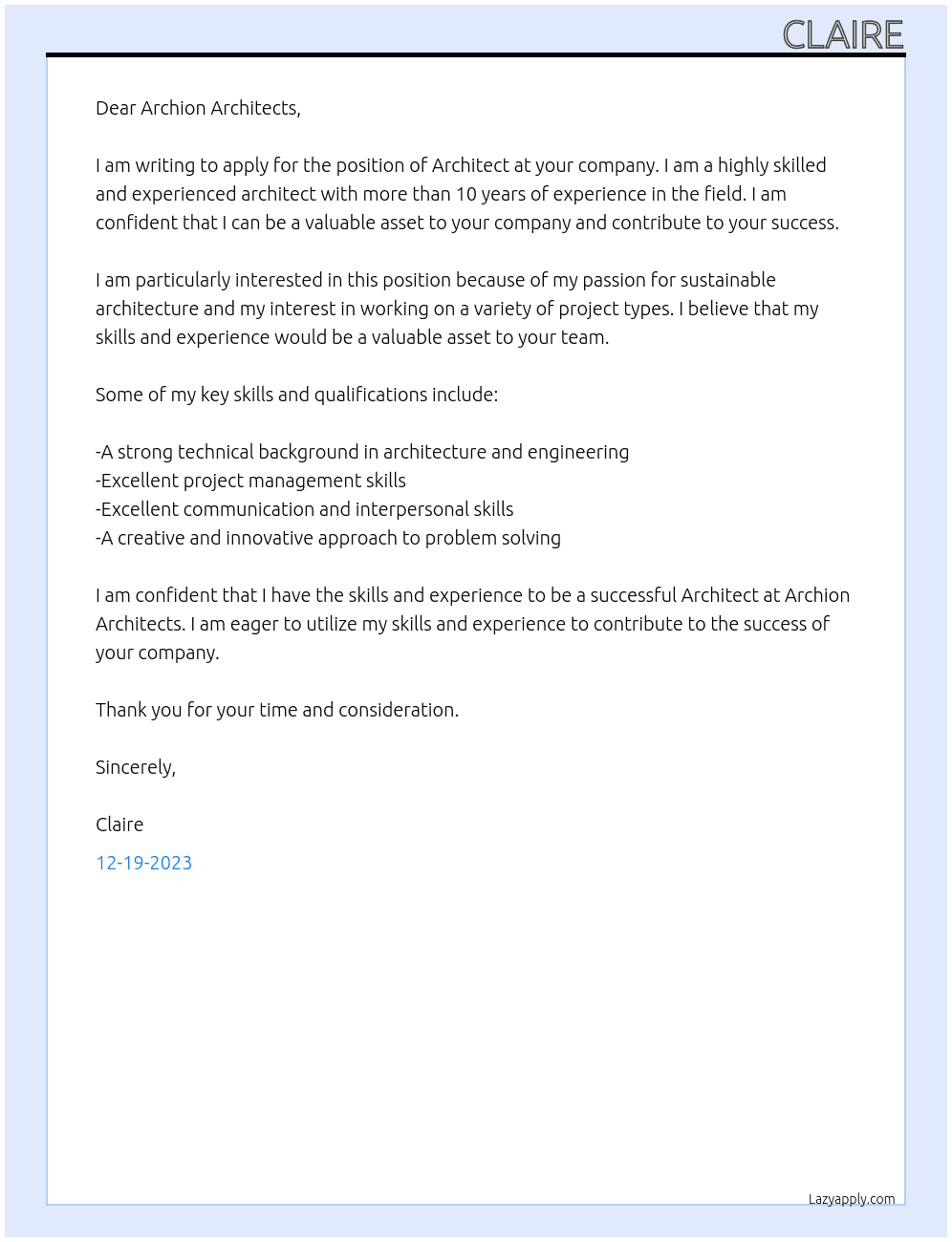 Architect At Archion Architects Cover Letter