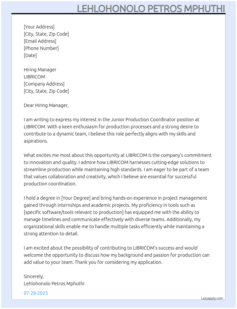 Cover letter for junior production coordinator - LazyApply
