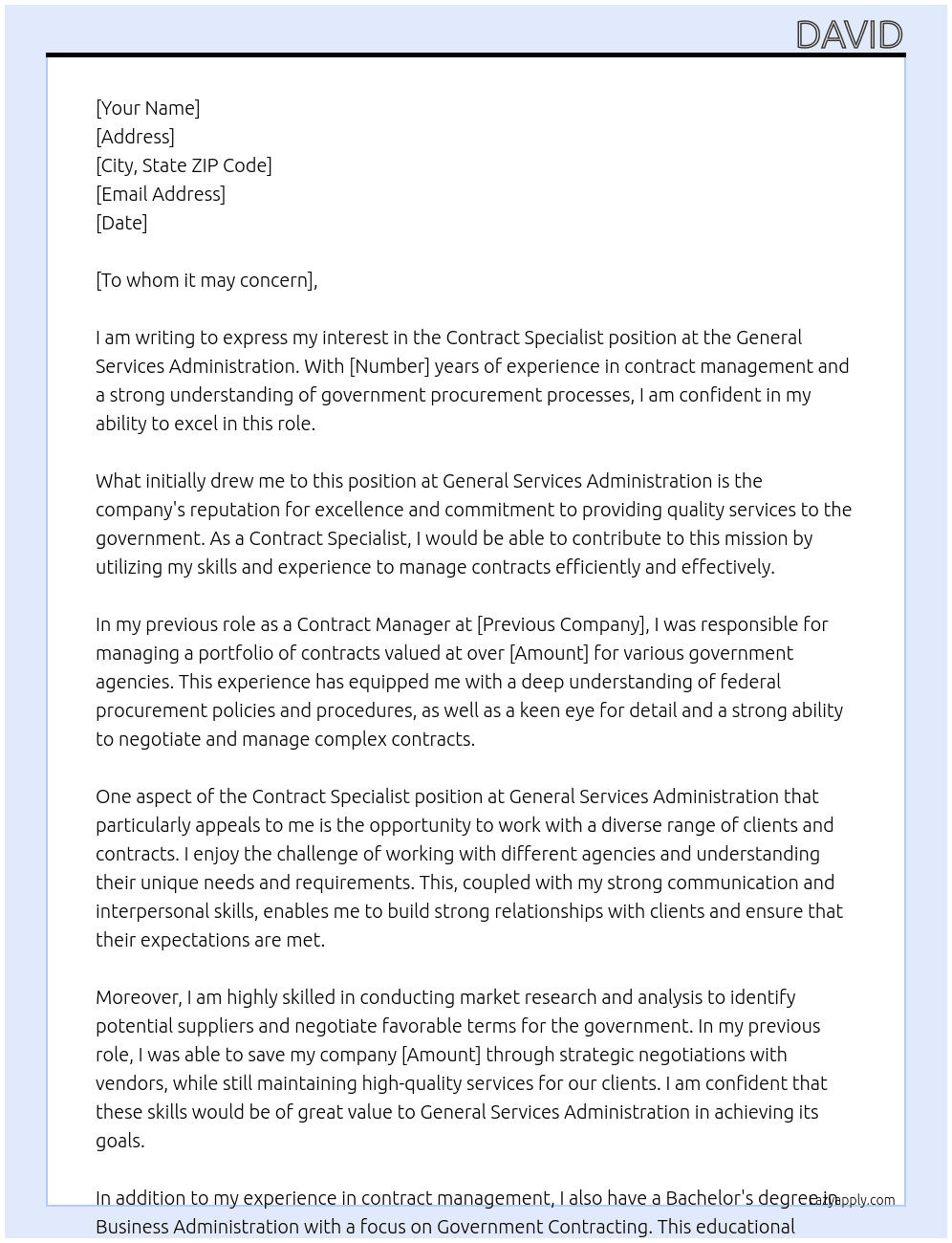 Contract Specialist At General Services Administration Cover Letter