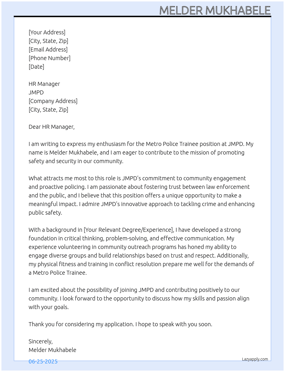 Metro Police Trainee At JMPD Cover Letter