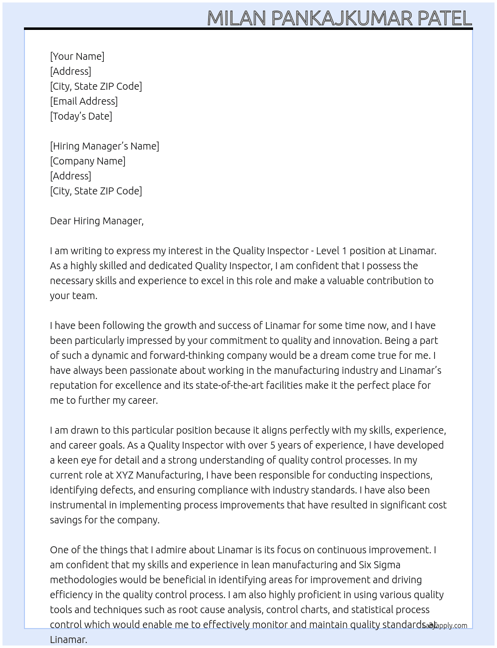 Quality Inspector - Level 1 At Linamar Cover Letter