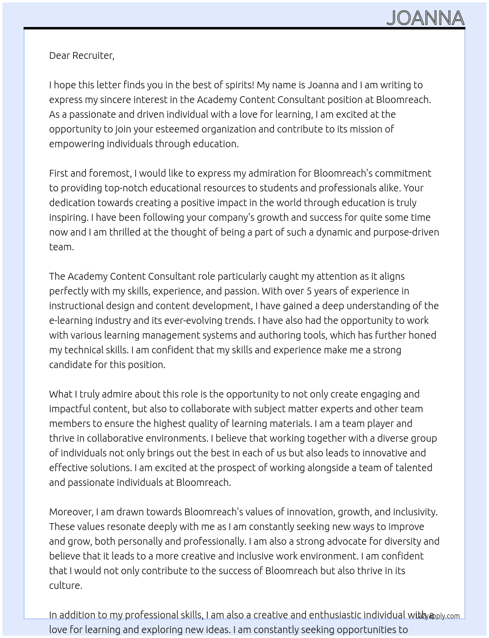 Academy Content Consultant At bloomreach Cover Letter