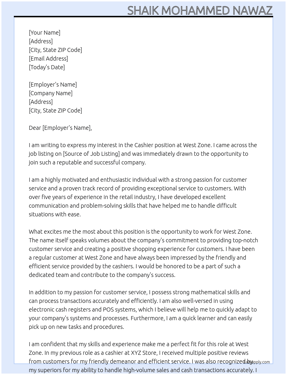 cashier At West Zone Cover Letter