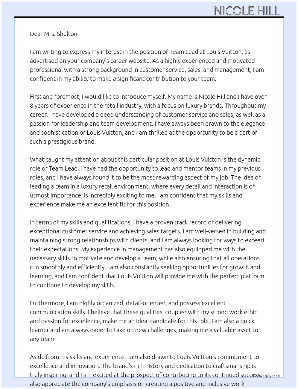 Team Lead At Louis Vuitton  Cover Letter