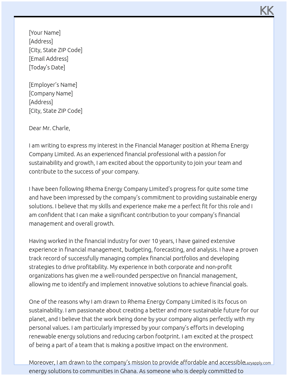 Financial Manager At  Rhema Energy Company Limited Cover Letter
