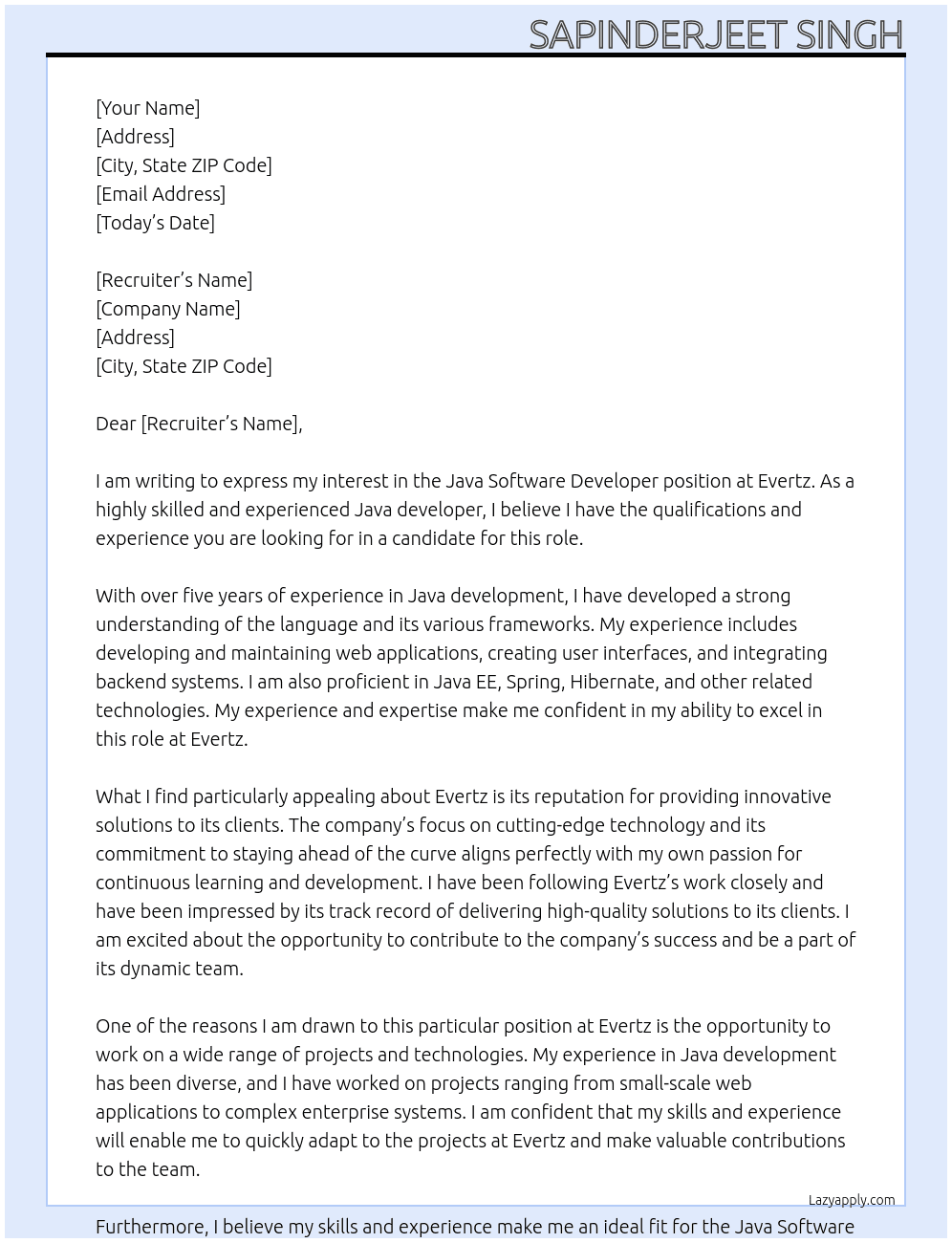 Java Software Developer At Evertz Cover Letter