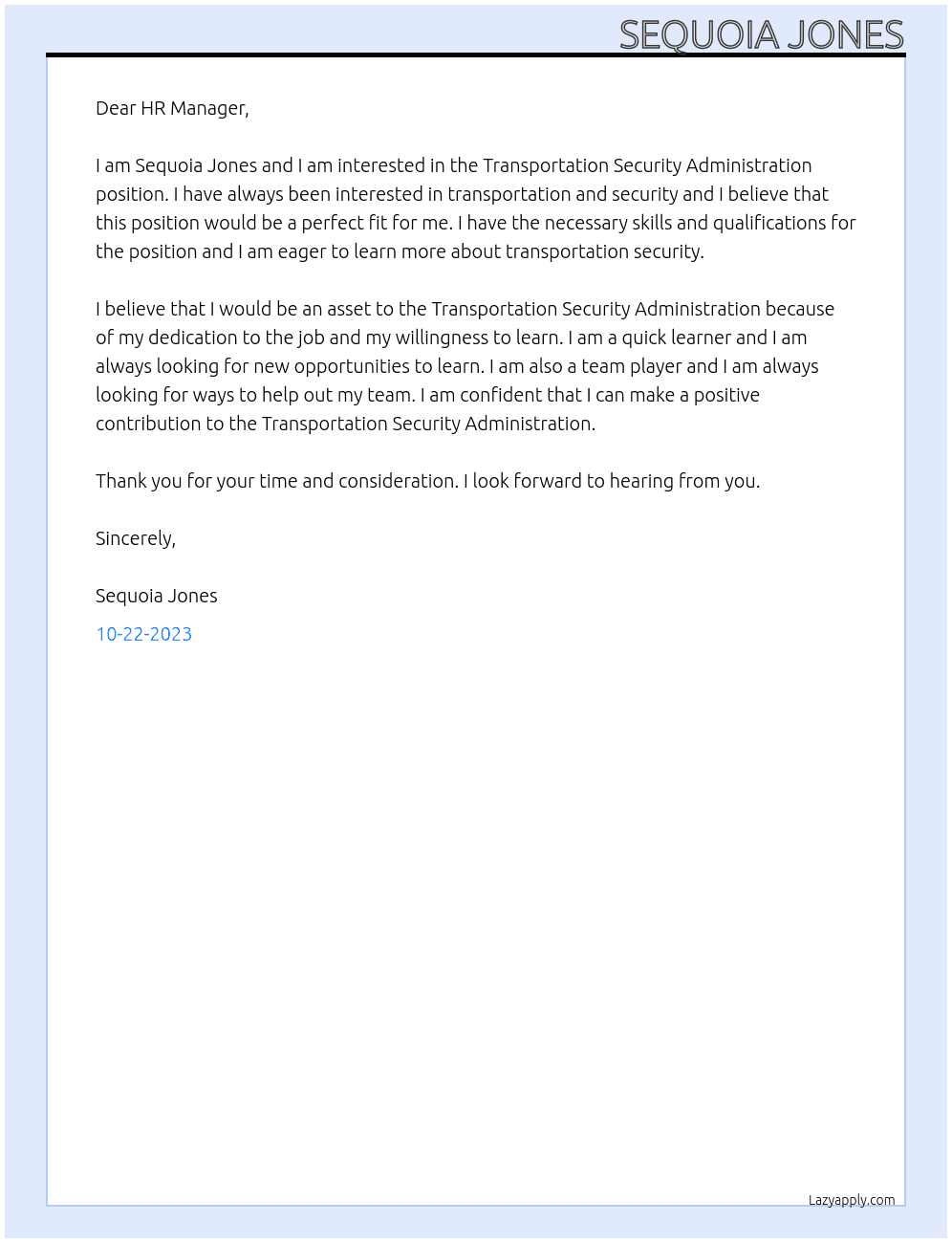 Transportation Security Administration  At Transportation Security Administration  Cover Letter