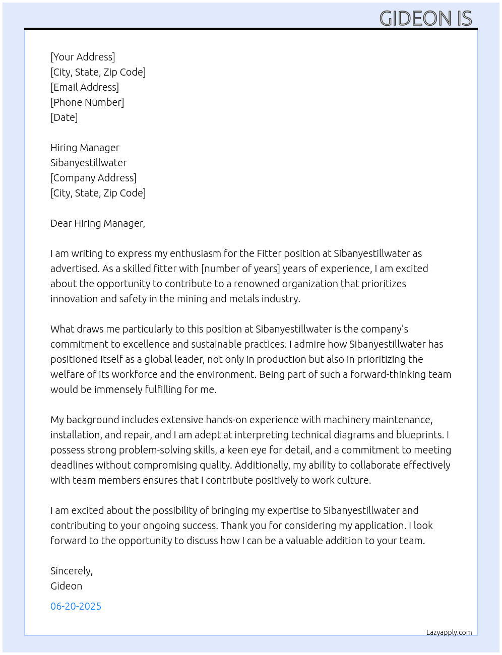 Fitter  At Sibanyestillwater  Cover Letter
