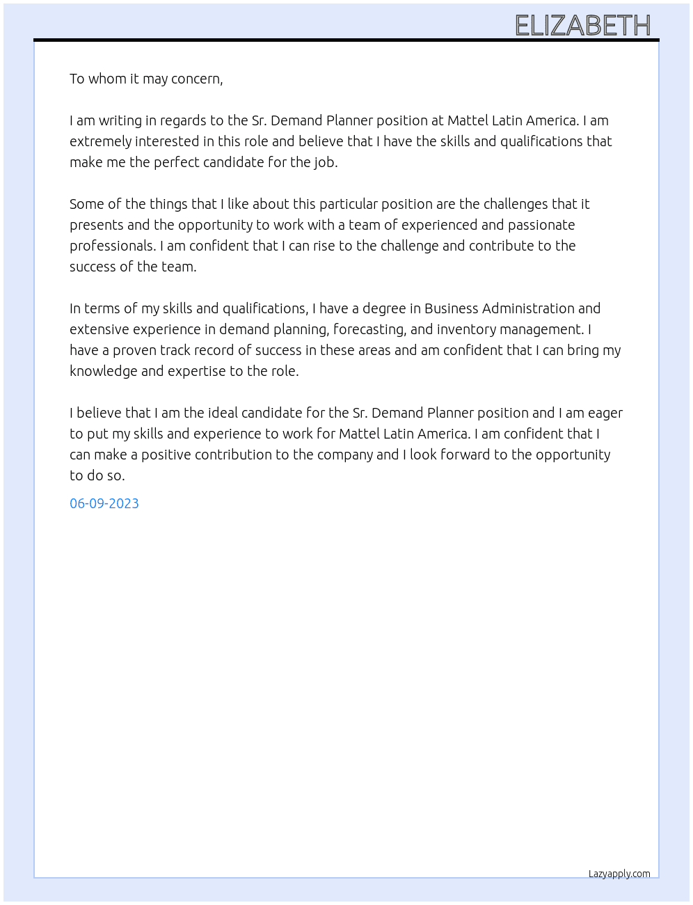 Sr Demand Planner At Mattel Latin America Cover Letter