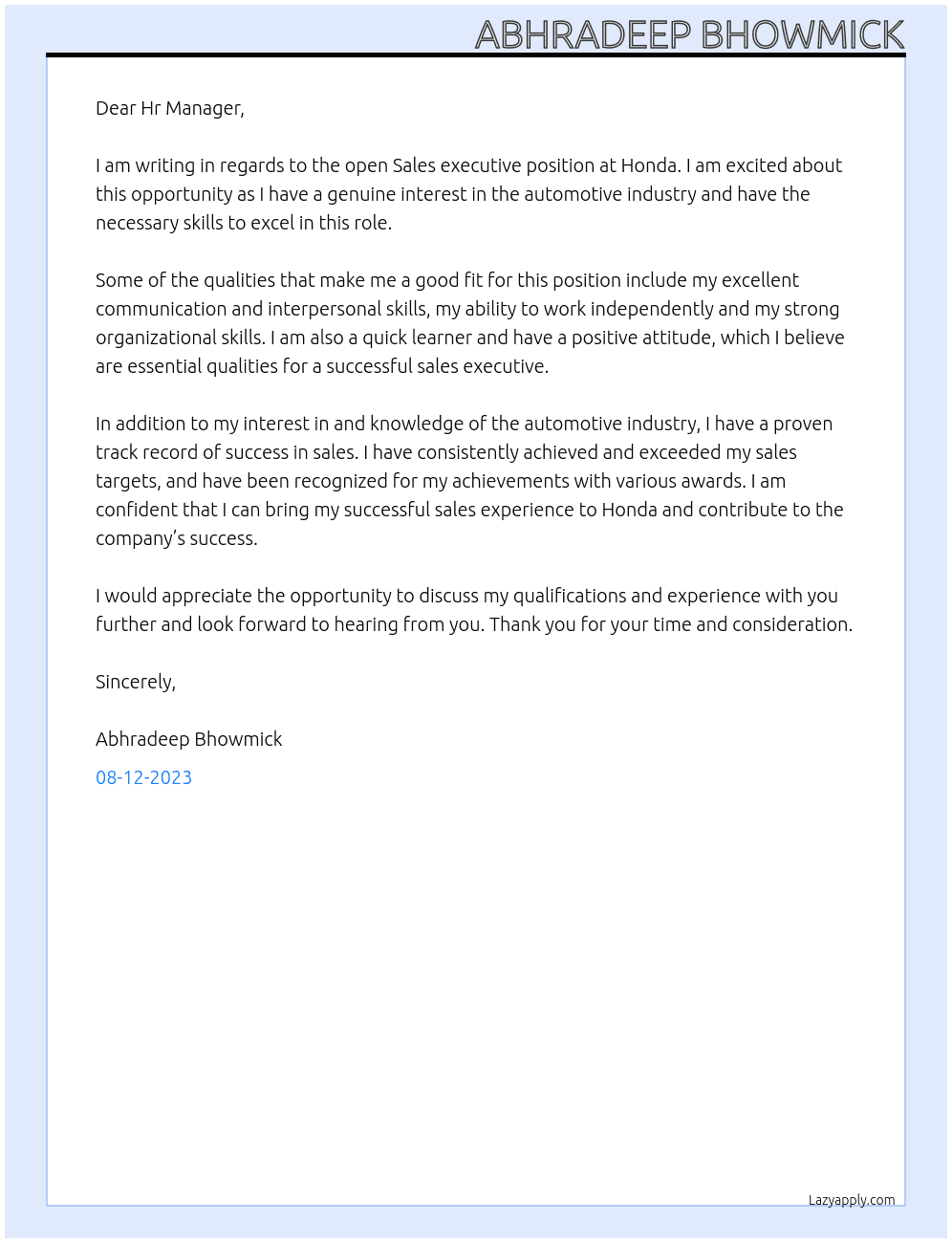 Sales executive At Honda  Cover Letter