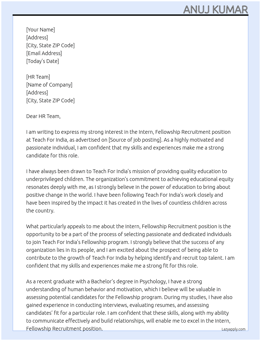 Intern ,Fellowship Recruitment  At Teach For India Cover Letter