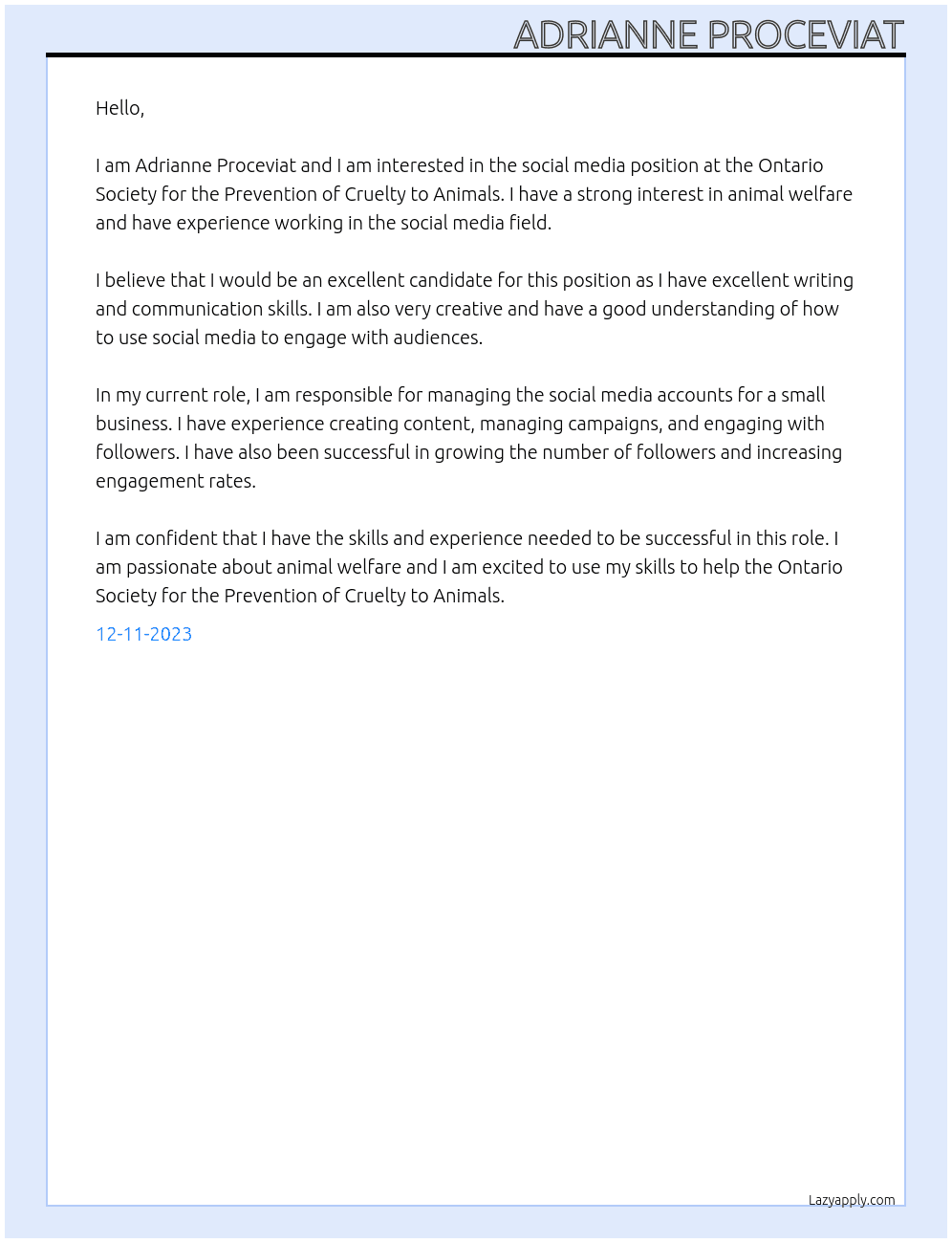 Social media At Ontario Society for the Prevention of Cruelty to Animals Cover Letter