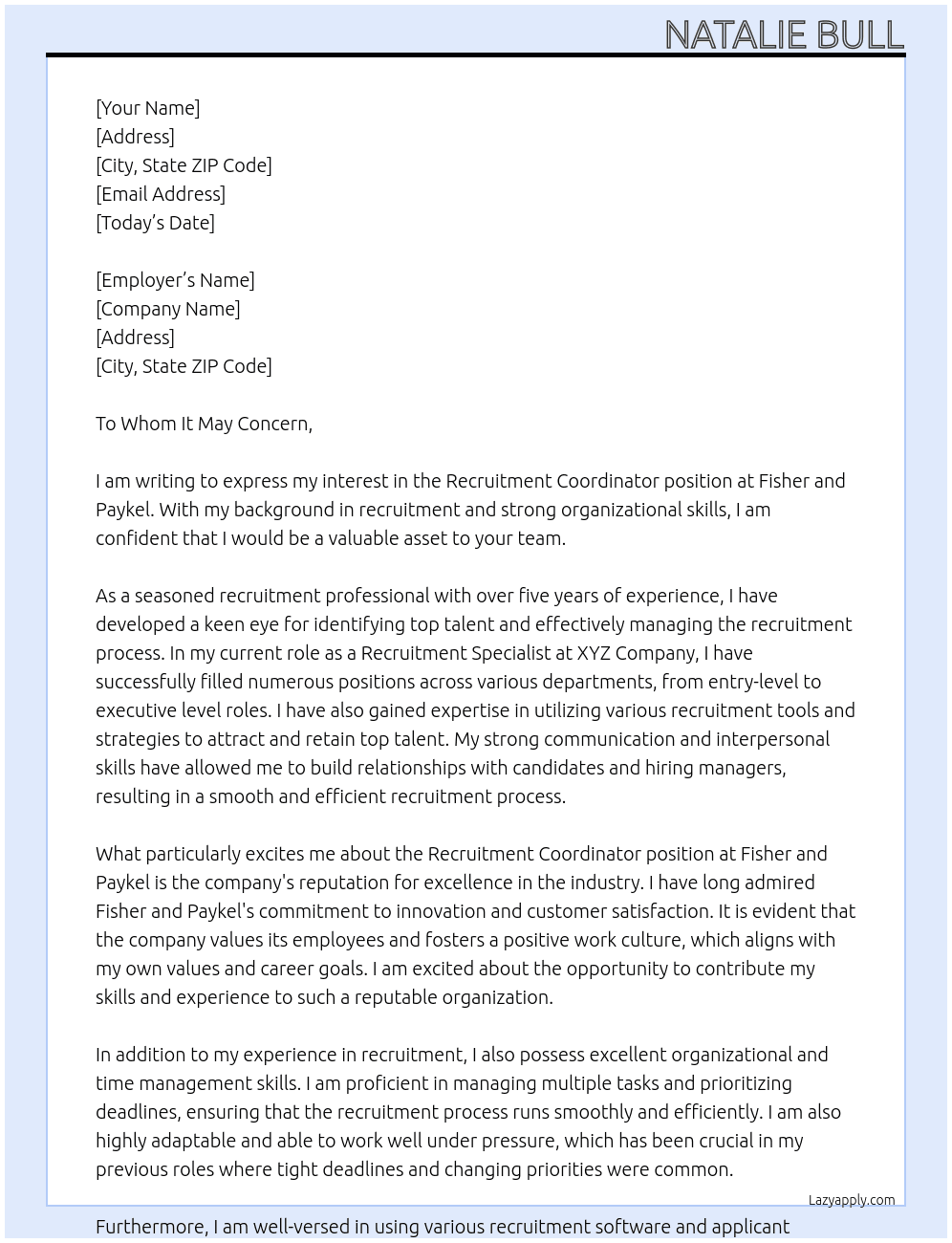 recruitment coordinator At Fisher and Paykel Cover Letter