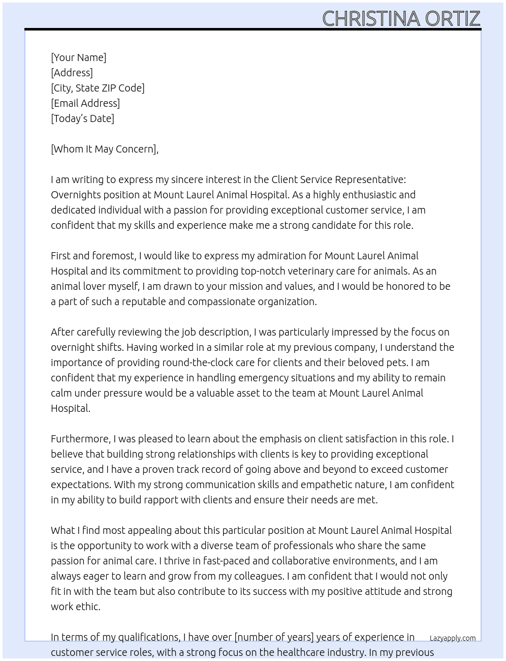 Client Service Representative: Overnights At Mount Laurel Animal Hospital Cover Letter