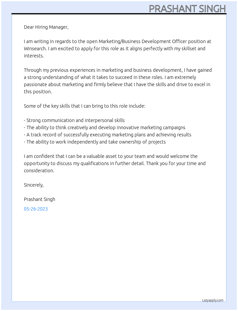 Marketing / Business Development Officer  At Winsearch Cover Letter