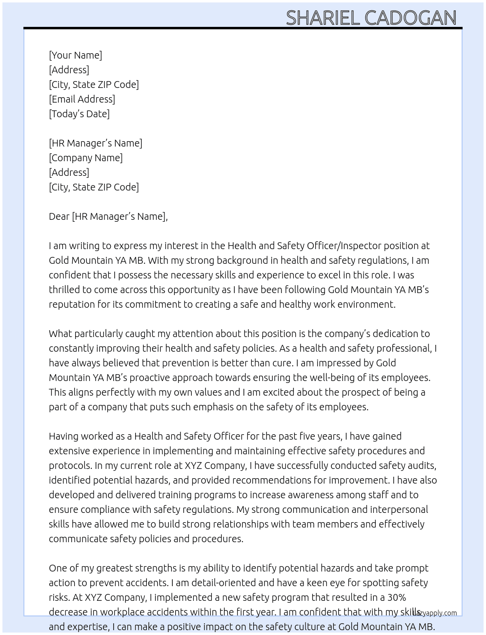 Health and safety officer / Inspector  At Gold Mountain YA MB Cover Letter