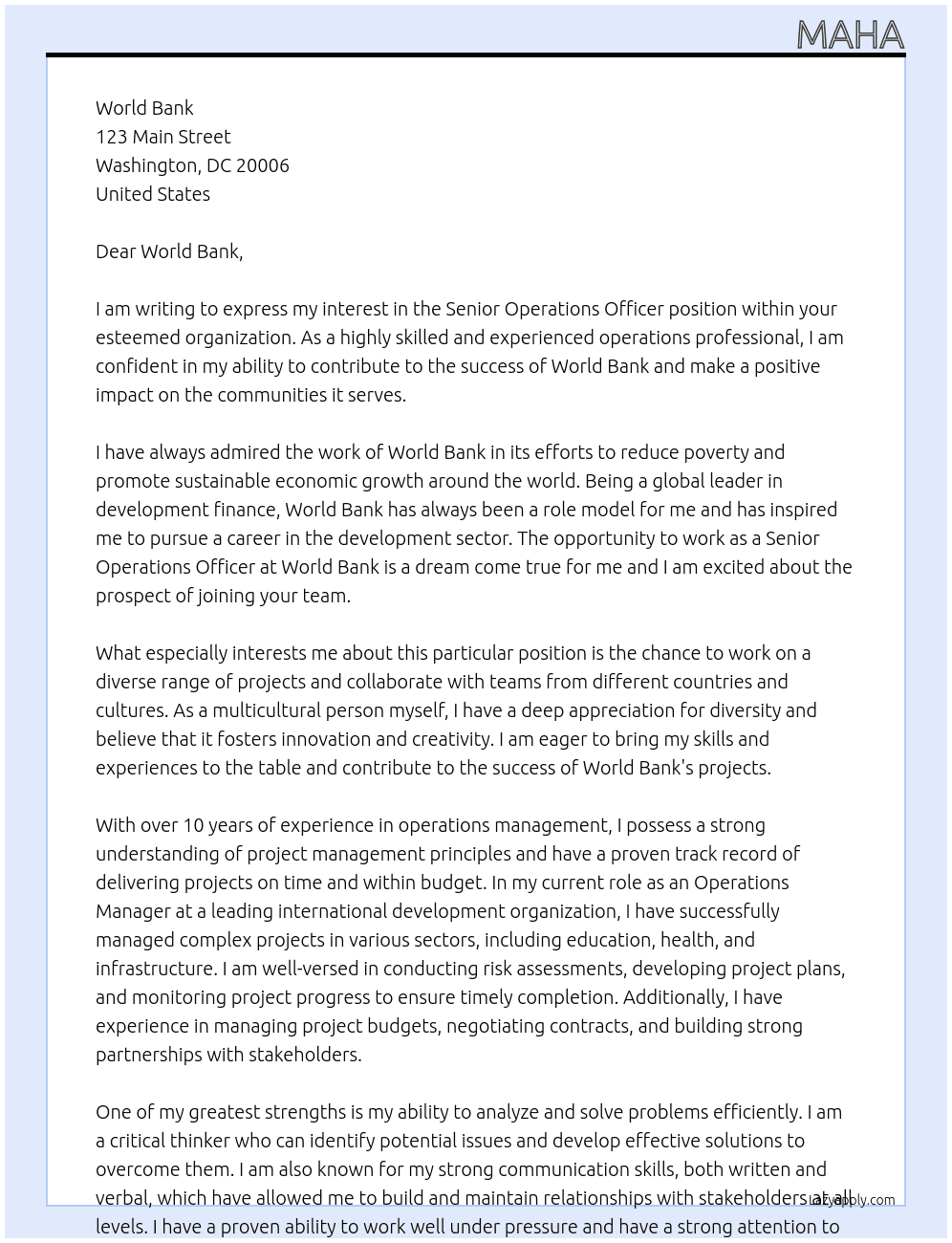 Senior Operations Officer At world bank Cover Letter
