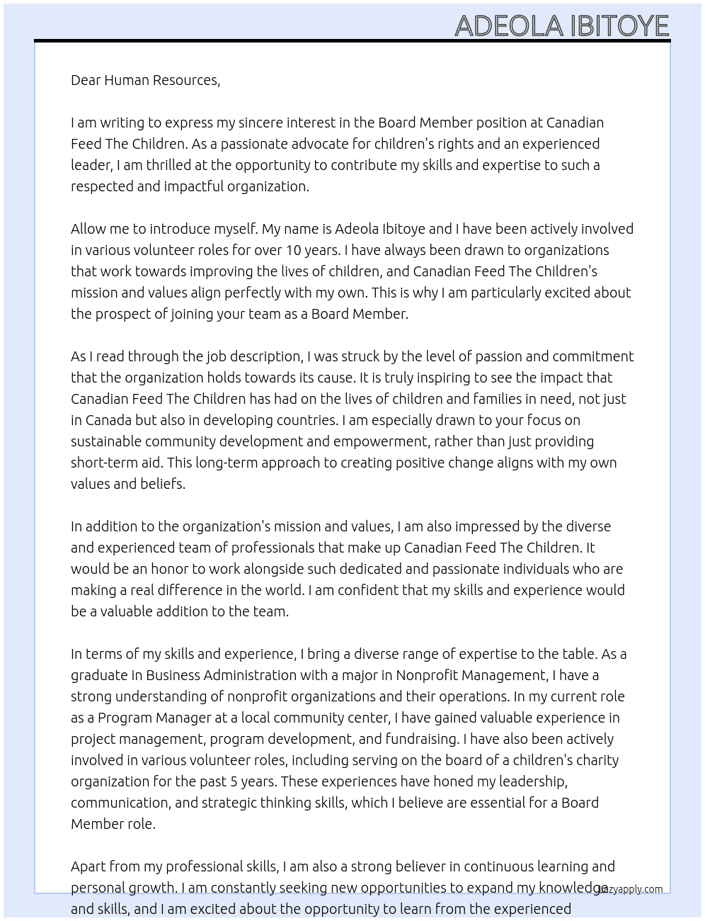 Board Member At Canadian Feed The Children Cover Letter