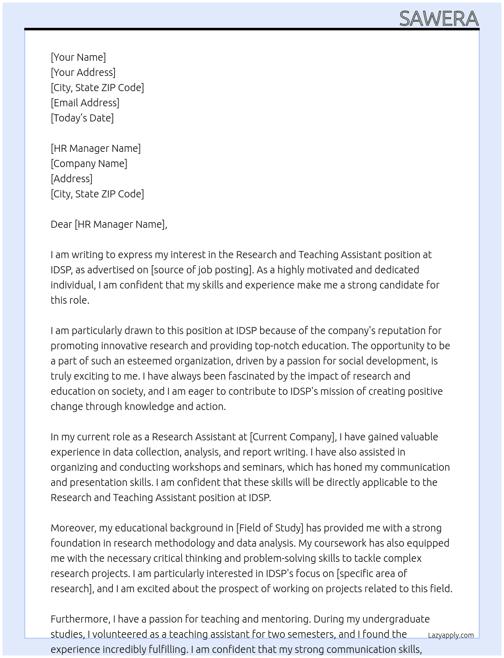 Research and Teaching assistant At IDSP Cover Letter